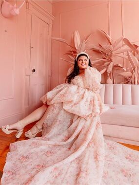 Selkie Romantic Puff Sleeve Floral Ball Gown - Blush Pink